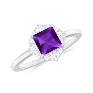 Princess Cut Amethyst and Diamond Flower Halo Ring