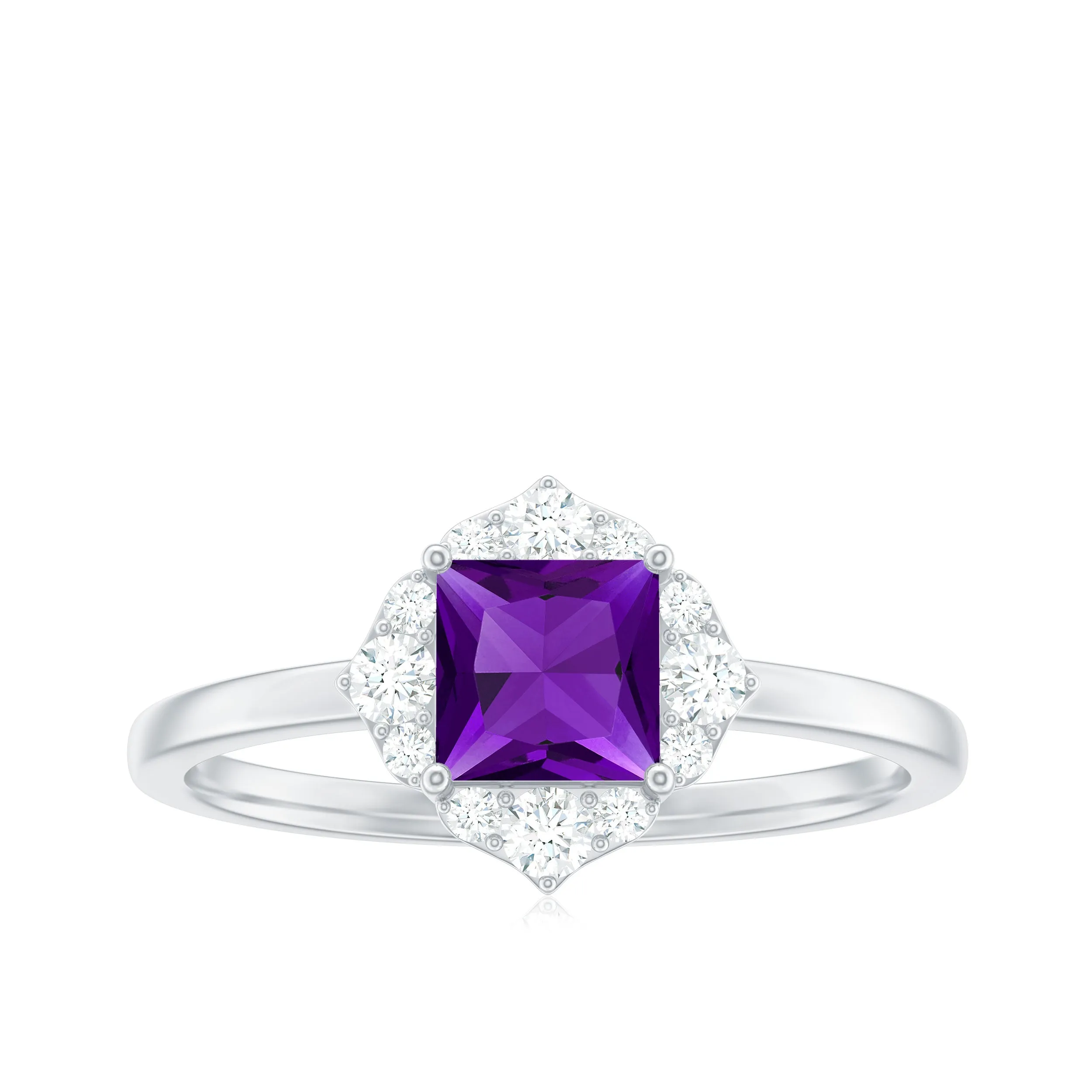 Princess Cut Amethyst and Diamond Flower Halo Ring