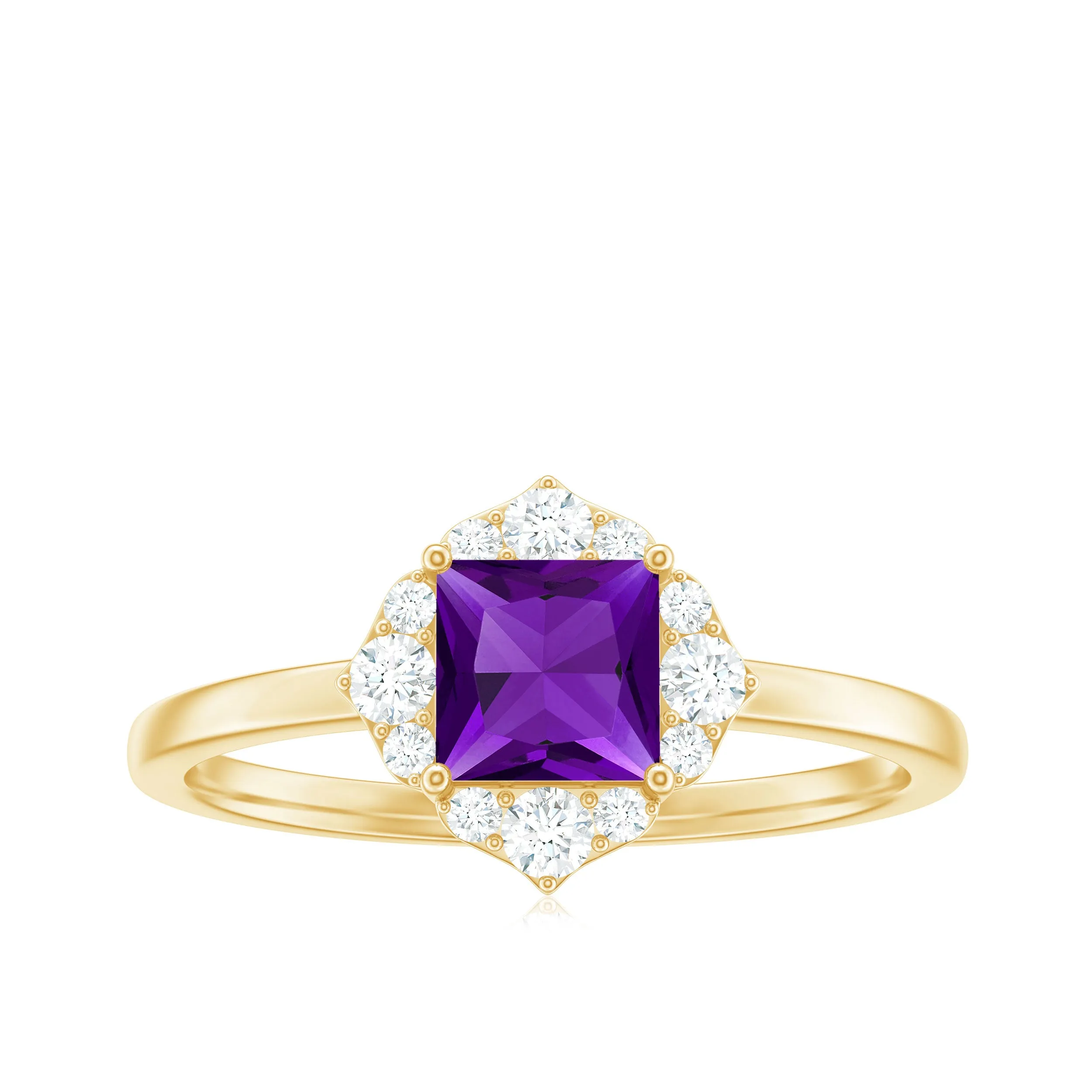 Princess Cut Amethyst and Diamond Flower Halo Ring