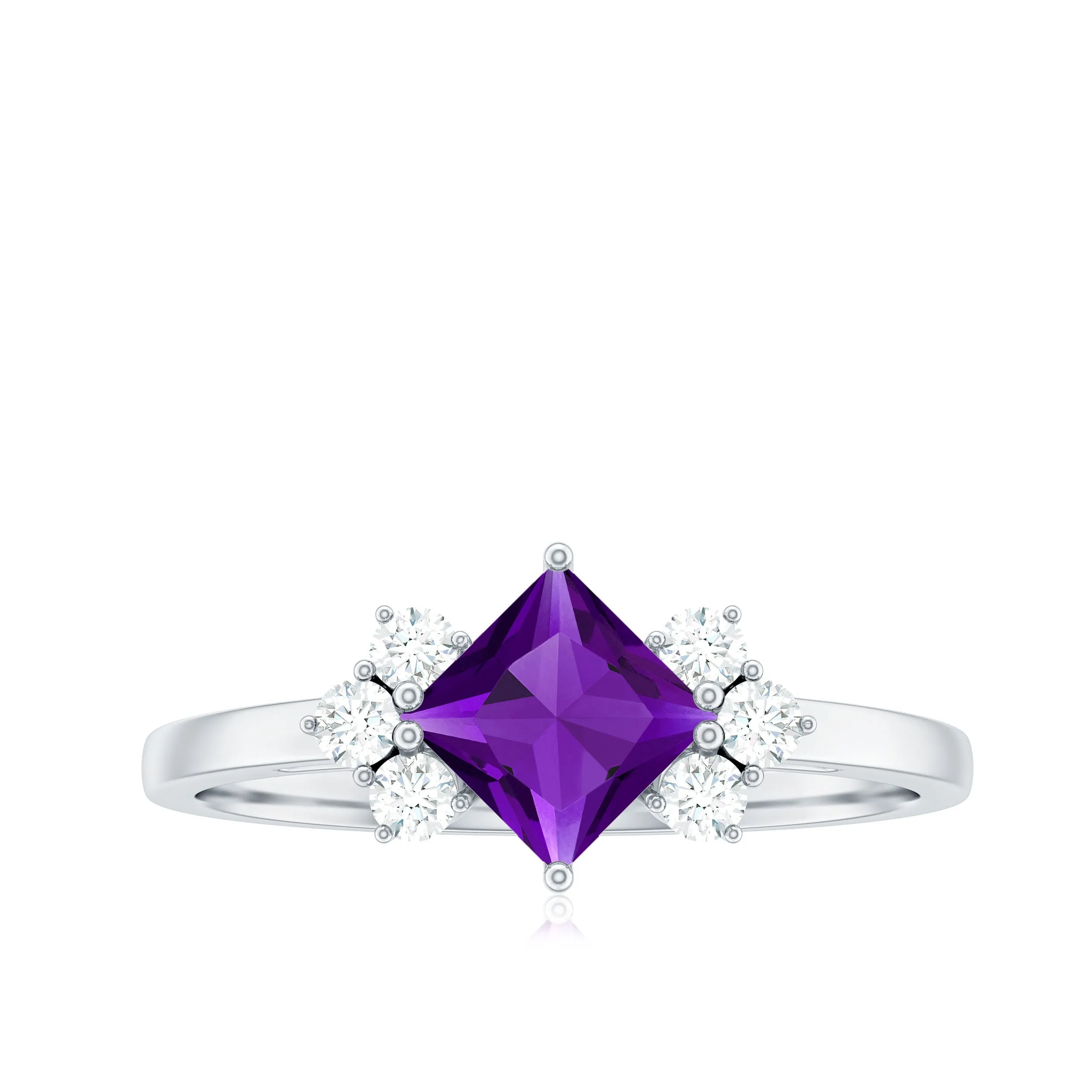 Princess Cut Amethyst Promise Ring with Diamond Trio