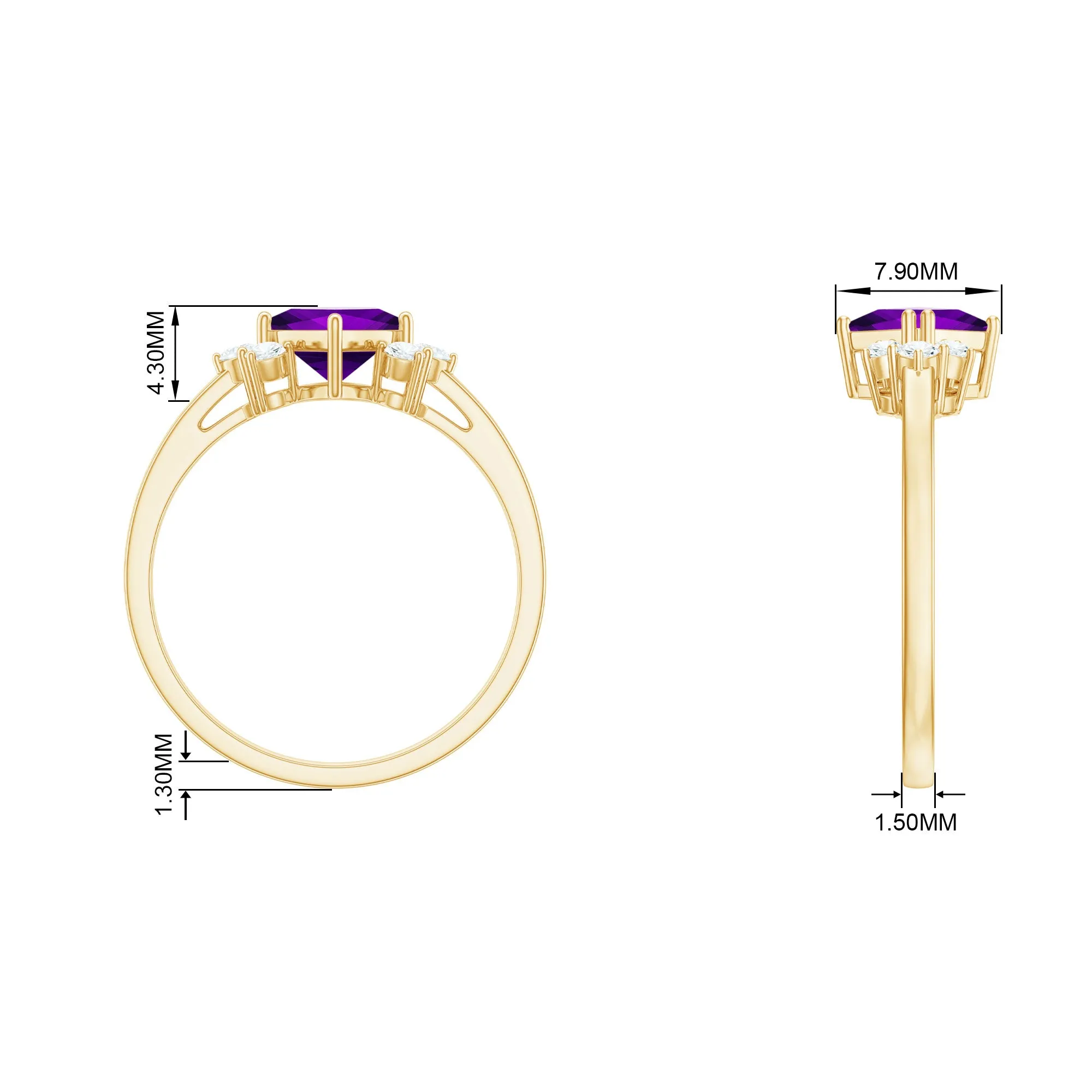 Princess Cut Amethyst Promise Ring with Diamond Trio