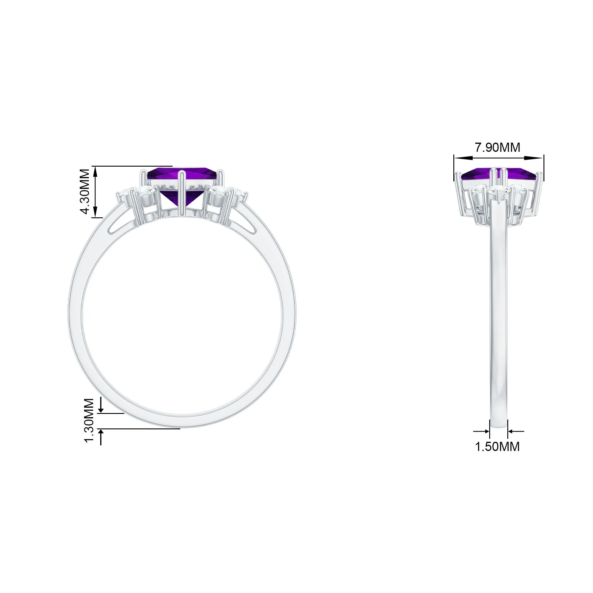 Princess Cut Amethyst Promise Ring with Diamond Trio