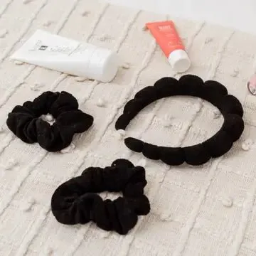 Puffy Terry Cloth Padded Spa Headband with Scrunchies-Black