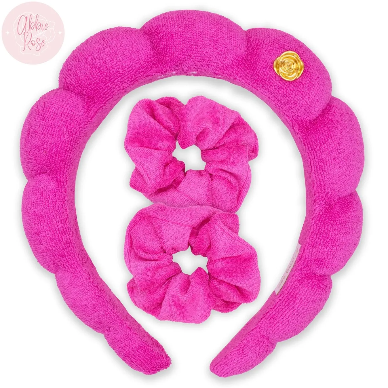 Puffy Terry Cloth Padded Spa Headband with Scrunchies-Hot Pink