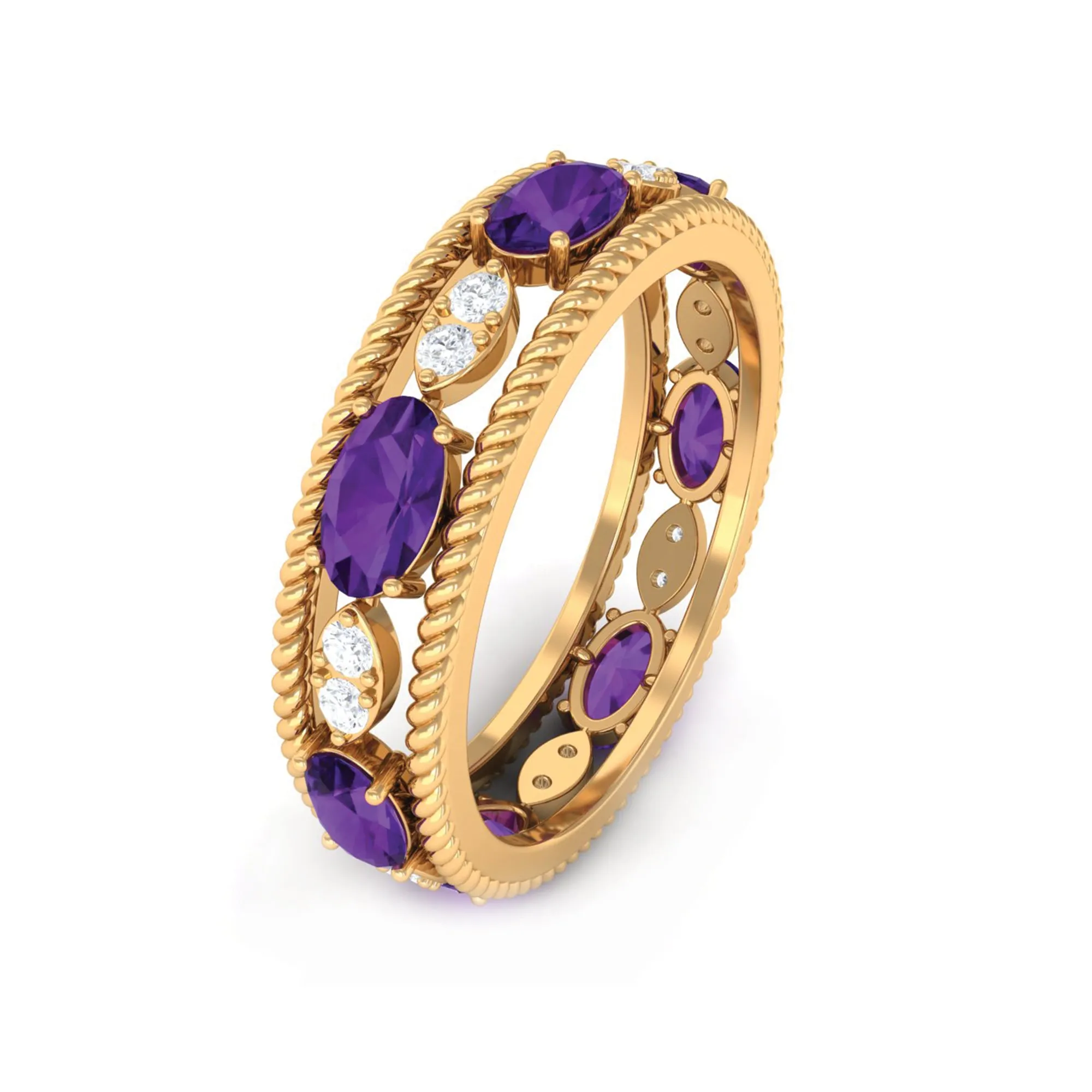 Real Amethyst and Diamond Eternity Band Ring