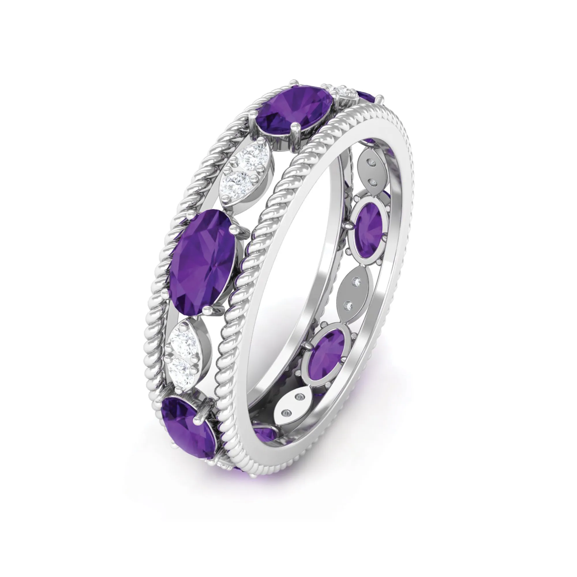Real Amethyst and Diamond Eternity Band Ring