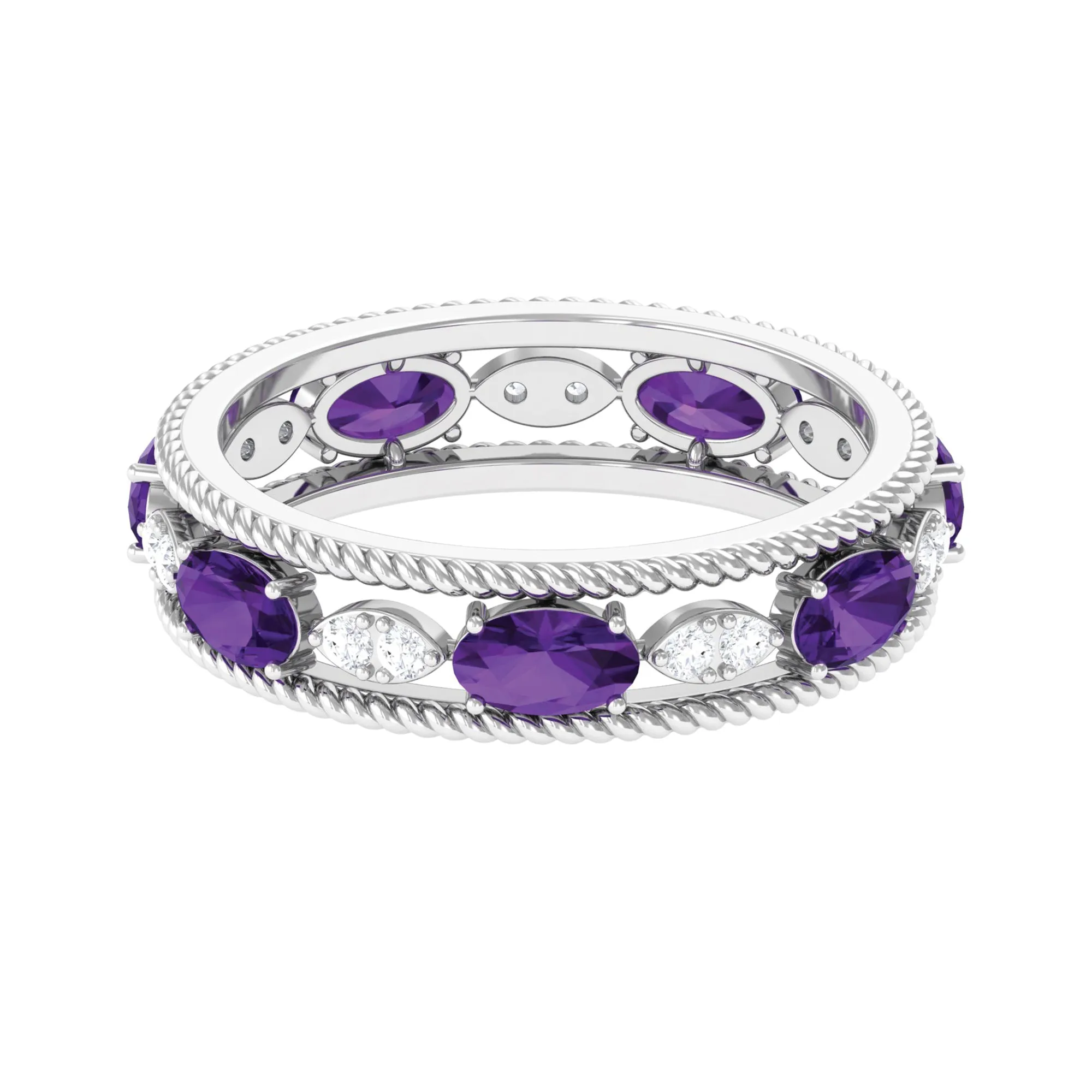 Real Amethyst and Diamond Eternity Band Ring