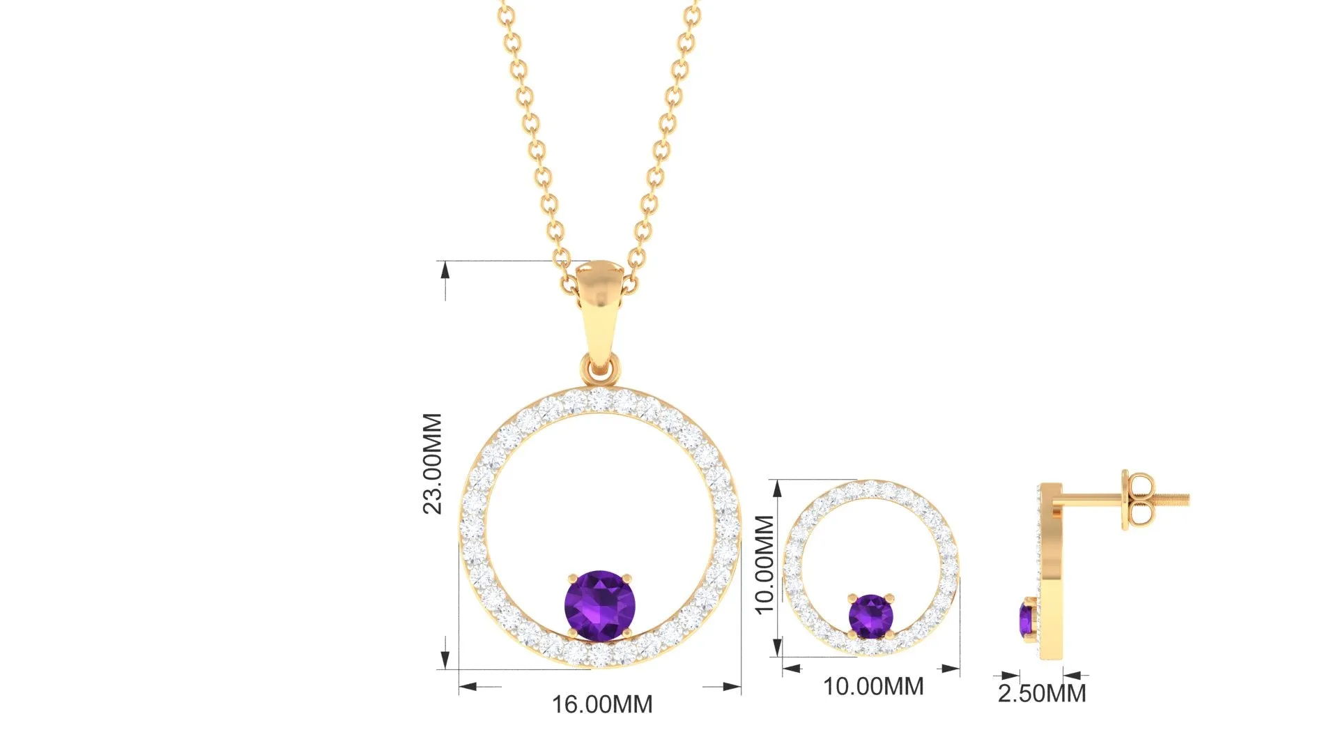 Real Amethyst and Moissanite Eternity Pendant Earrings Set