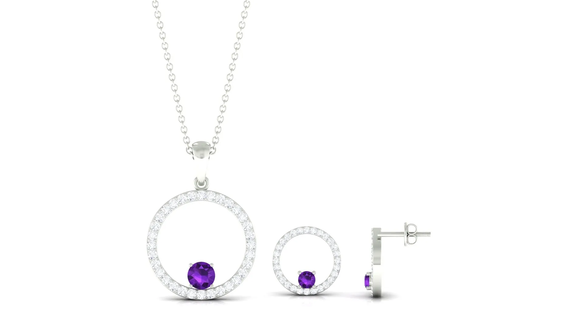 Real Amethyst and Moissanite Eternity Pendant Earrings Set