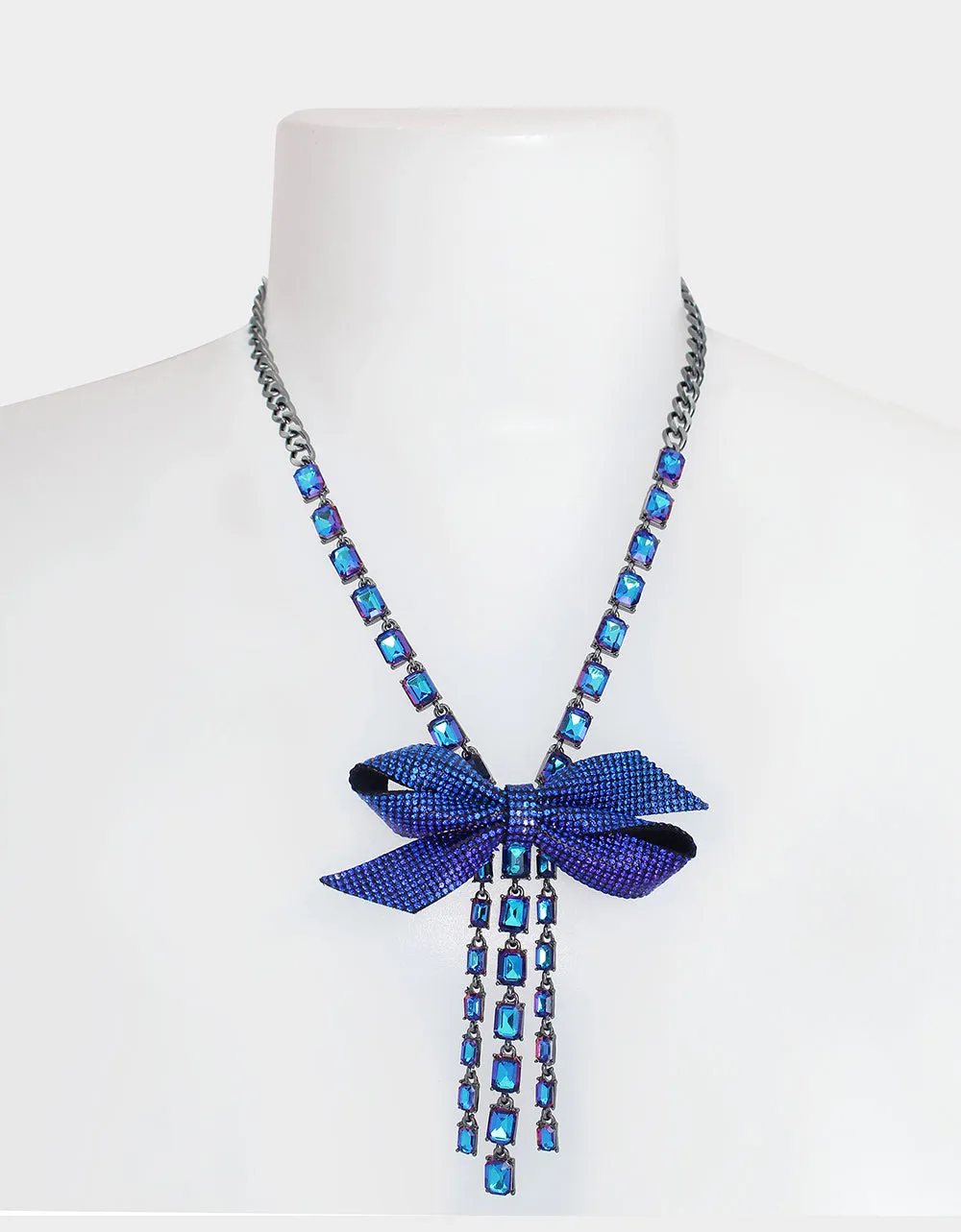RECOLOR BOWS PAVE BOW Y NECKLACE BLUE