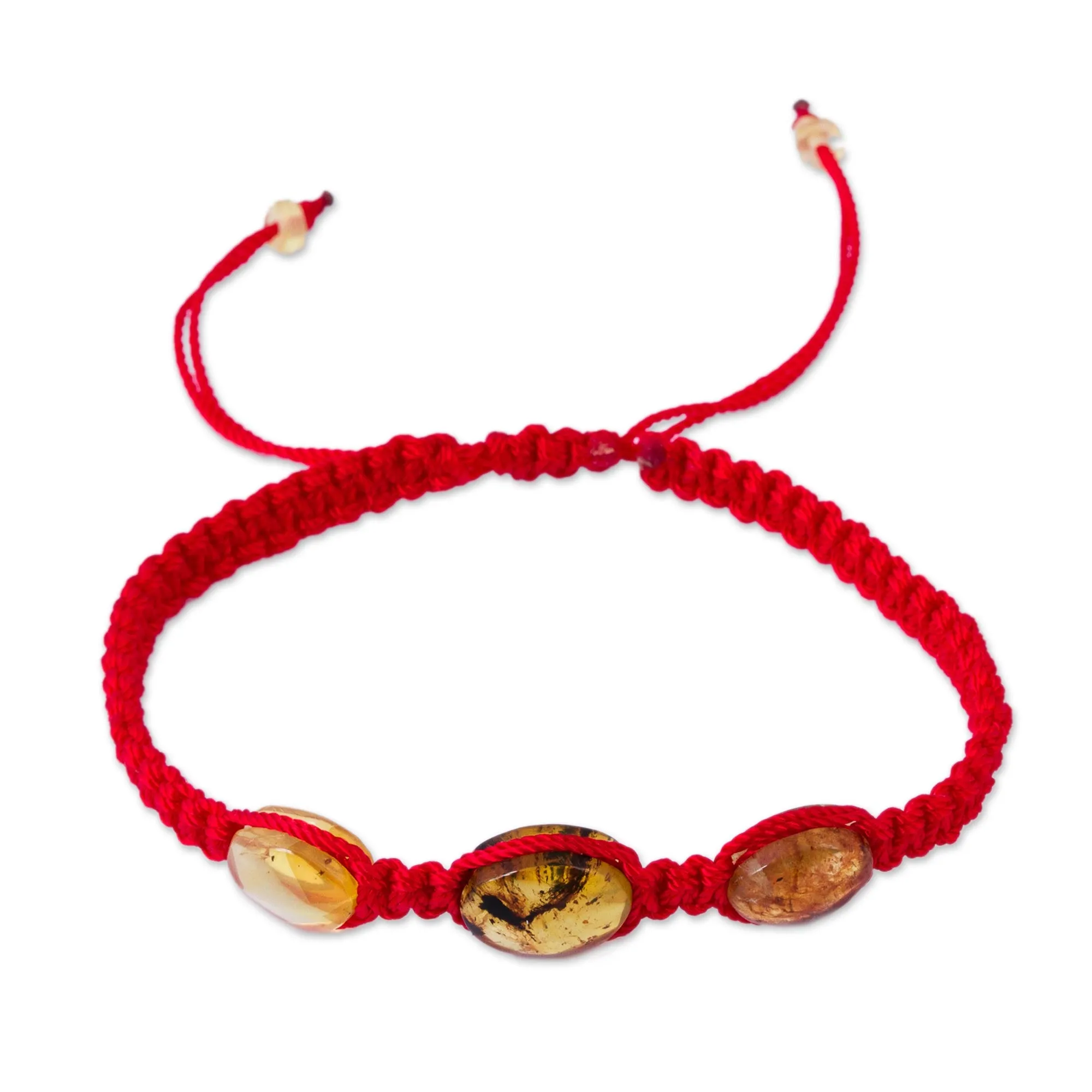 Red Nylon Braided Bracelet with Amber Beads from Mexico - Amber Passion | NOVICA