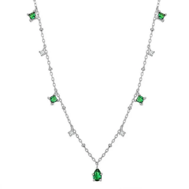 Retro Jewelry Emerald Necklace with Rhinestone for Women in Silver Color