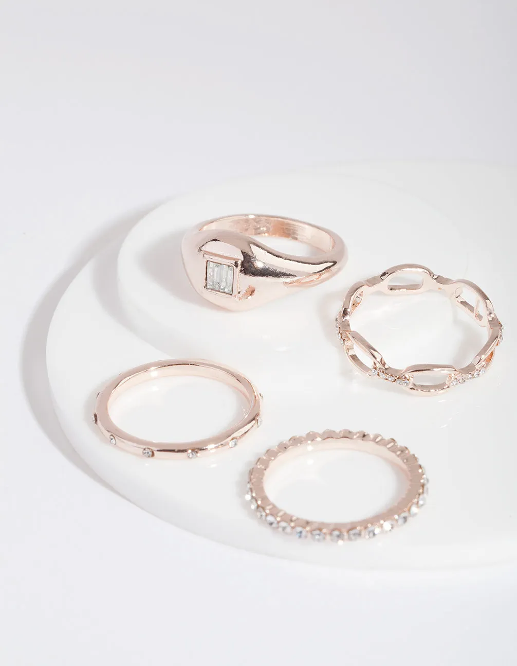 Rose Gold Diamante Signet Ring 4 Pack