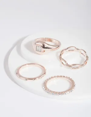 Rose Gold Diamante Signet Ring 4 Pack
