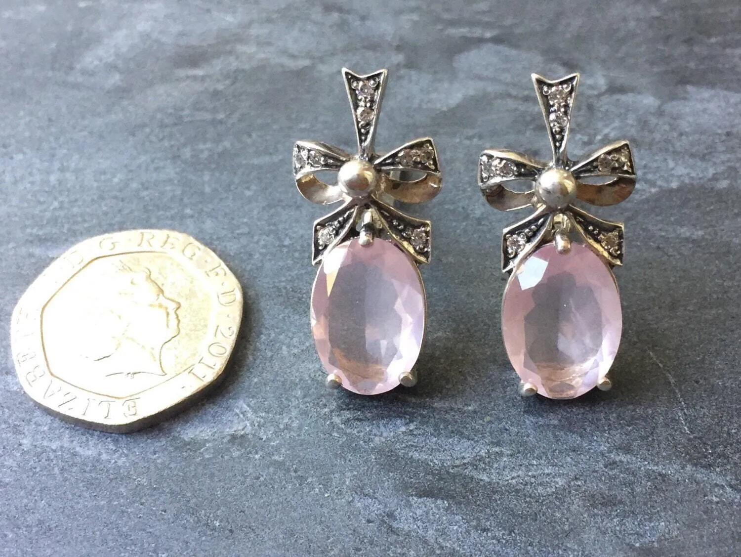 Rose Quartz Earrings - Pink Statement Earrings - Ribbon Vintage Earrings