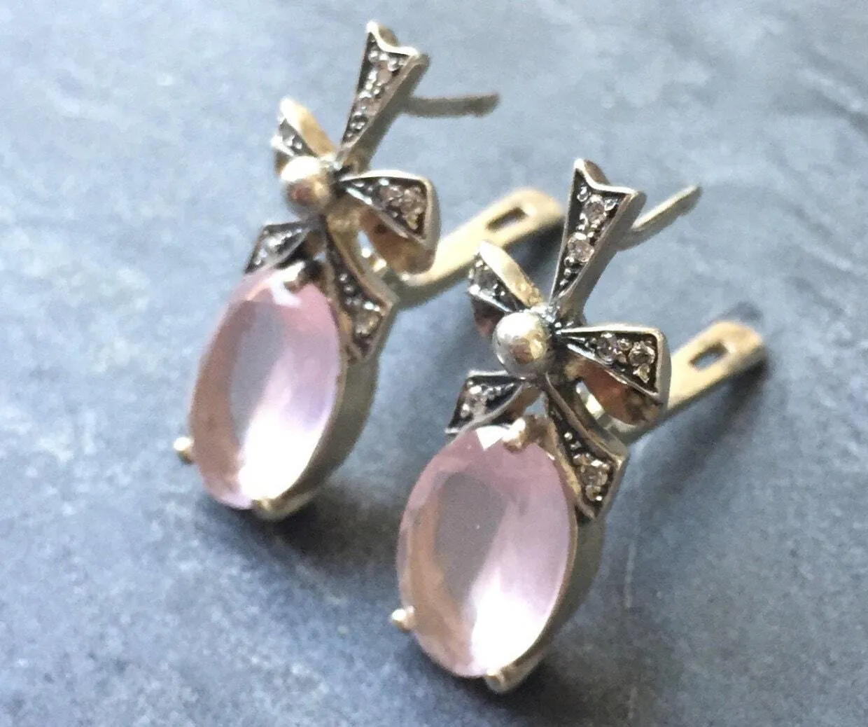 Rose Quartz Earrings - Pink Statement Earrings - Ribbon Vintage Earrings