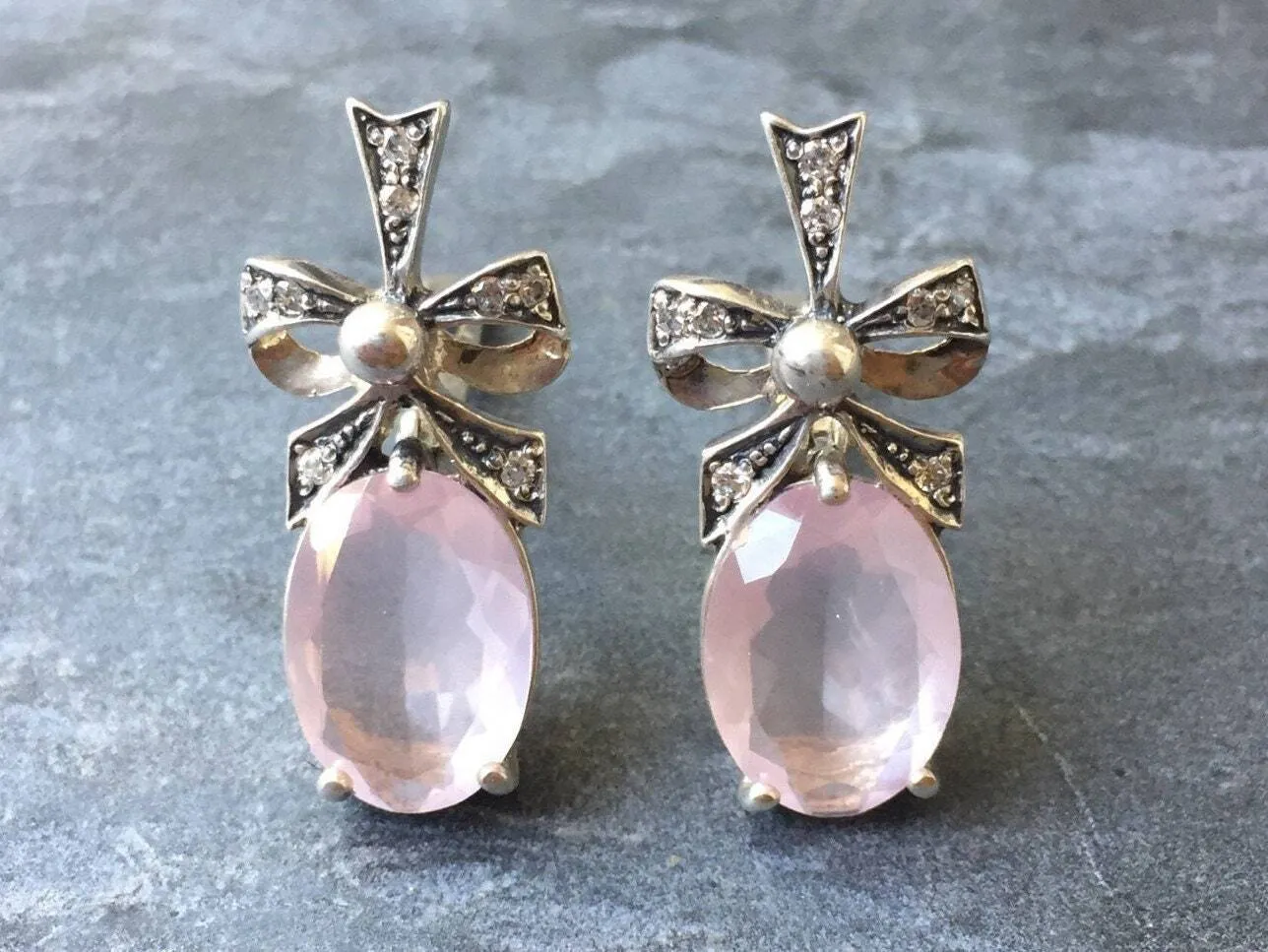Rose Quartz Earrings - Pink Statement Earrings - Ribbon Vintage Earrings