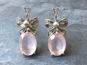 Rose Quartz Earrings - Pink Statement Earrings - Ribbon Vintage Earrings