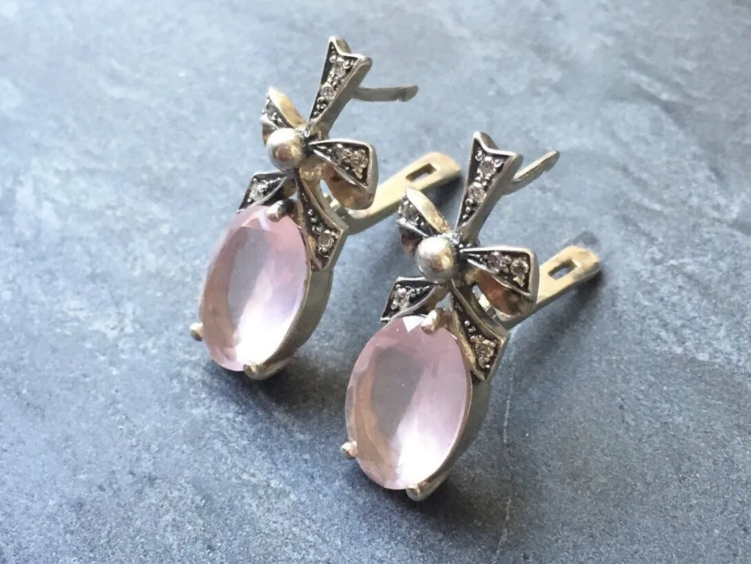 Rose Quartz Earrings - Pink Statement Earrings - Ribbon Vintage Earrings