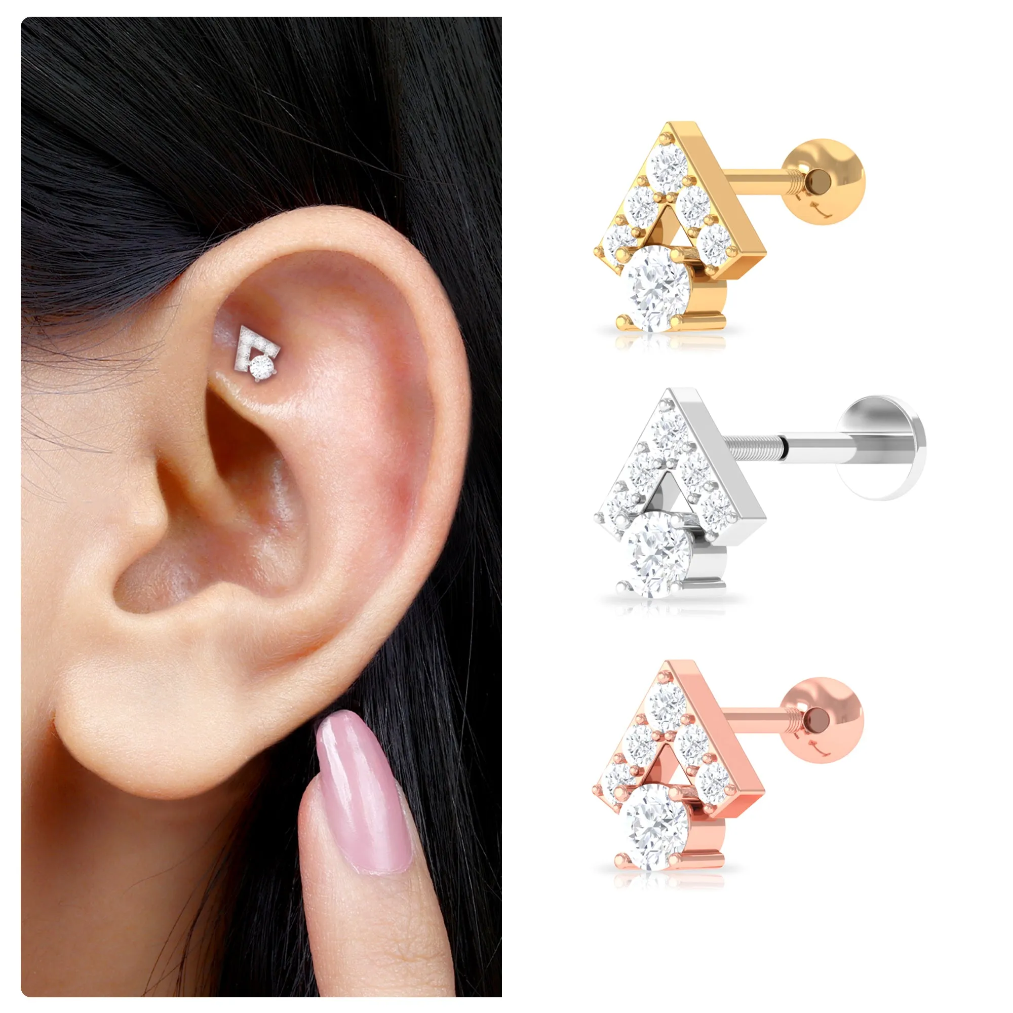 Round Certified Moissanite Triangle Helix Earring in Gold