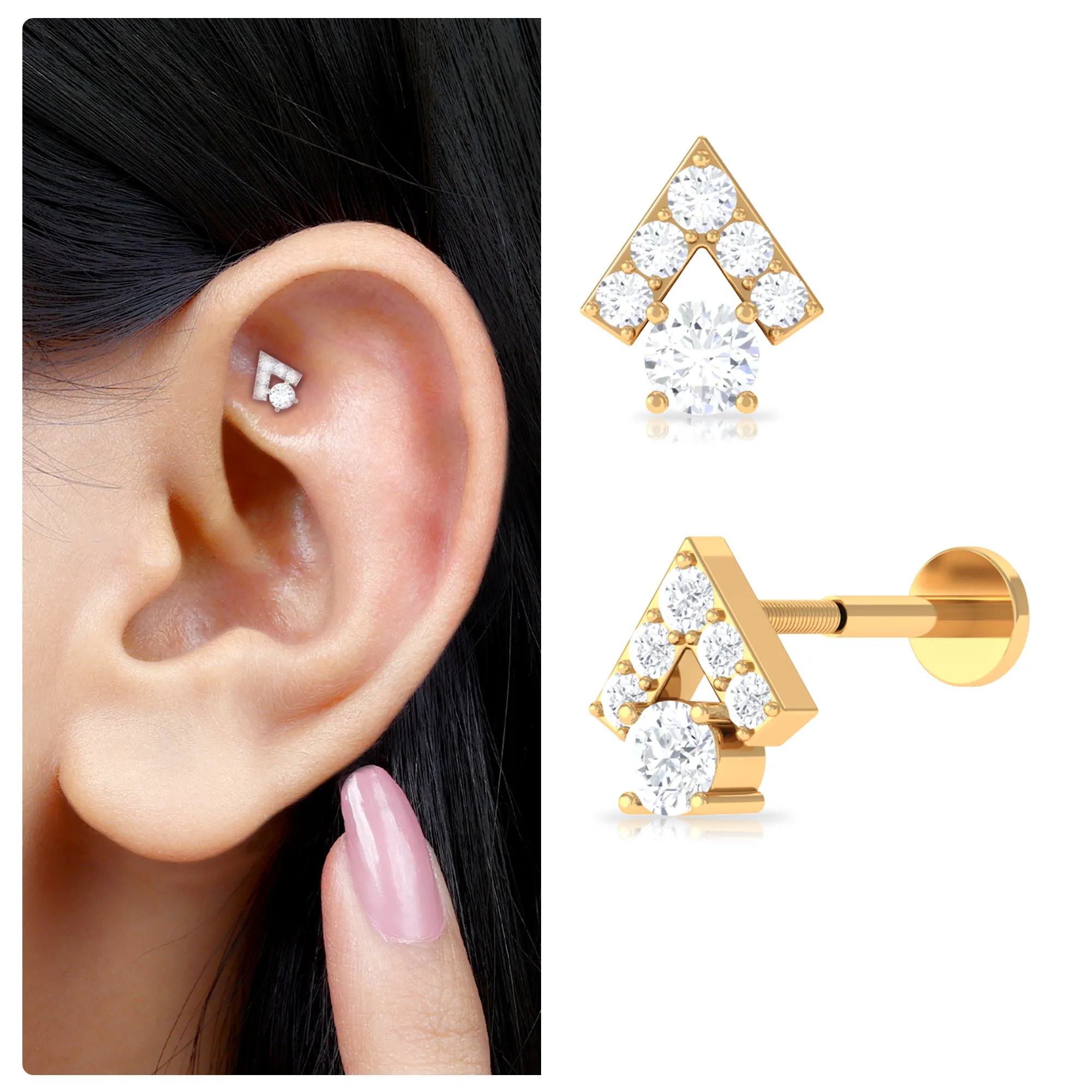 Round Certified Moissanite Triangle Helix Earring in Gold