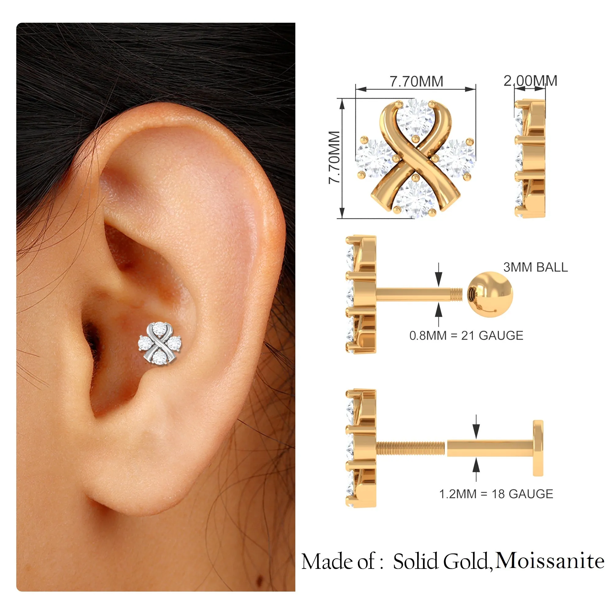 Round Certified Moissanite Unique Conch Earring