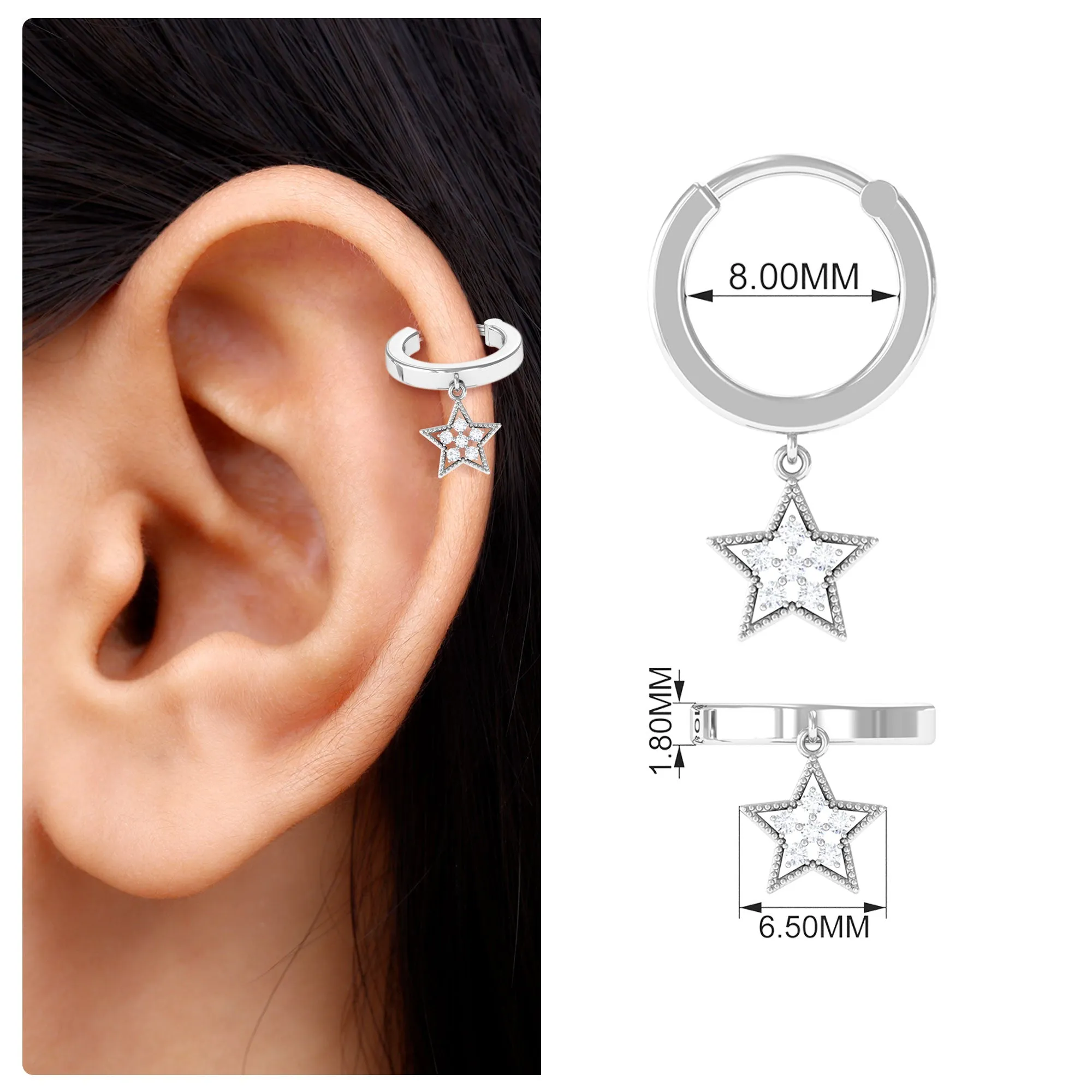 Round Diamond Star Drop Hoop Earring for Helix Piercing