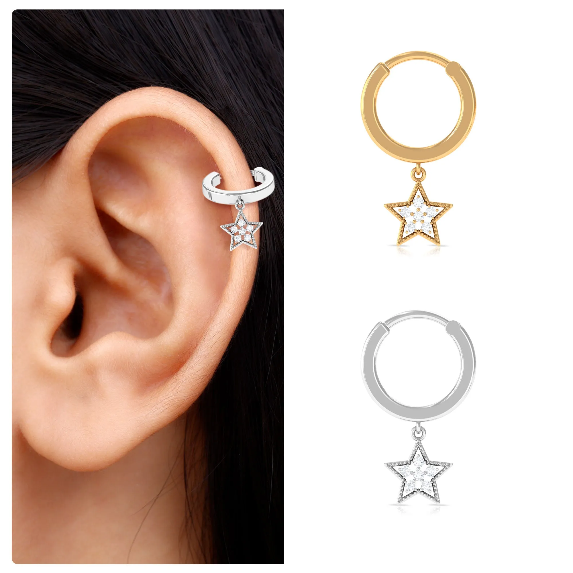 Round Diamond Star Drop Hoop Earring for Helix Piercing