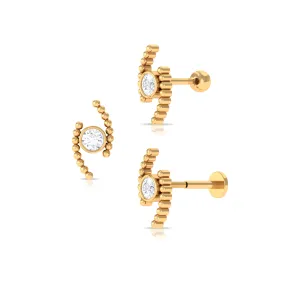 Round Moissanite Cartilage Earring with Gold Beads