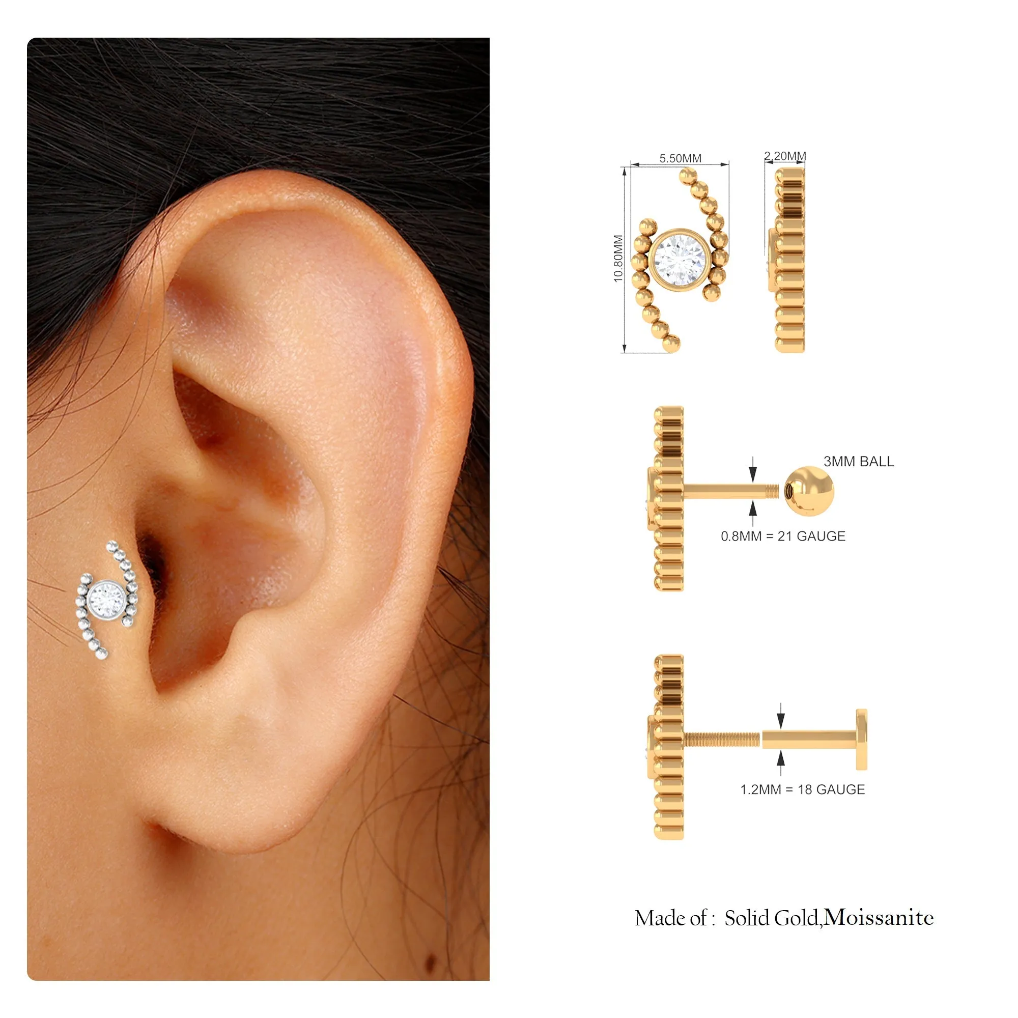 Round Moissanite Cartilage Earring with Gold Beads