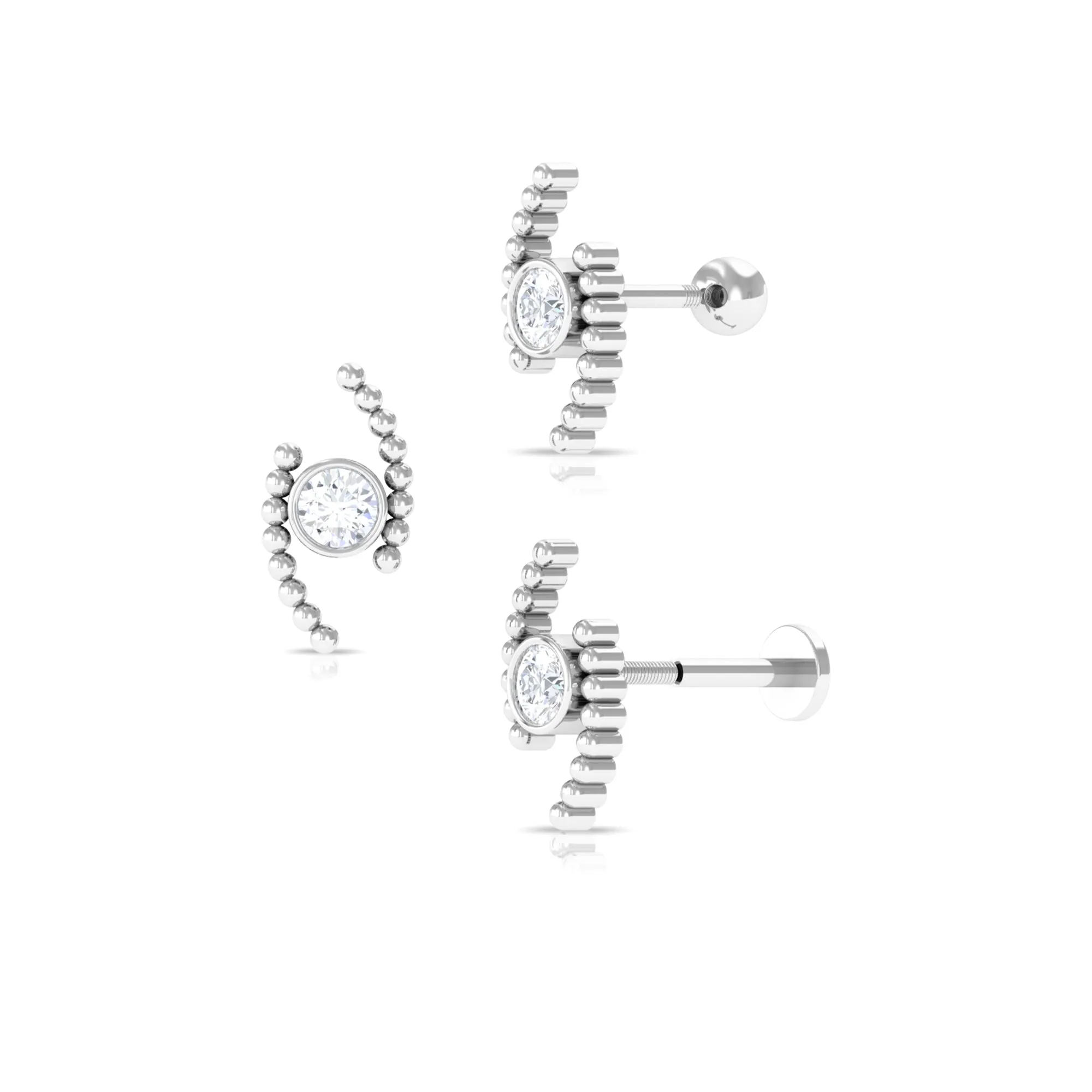 Round Moissanite Cartilage Earring with Gold Beads