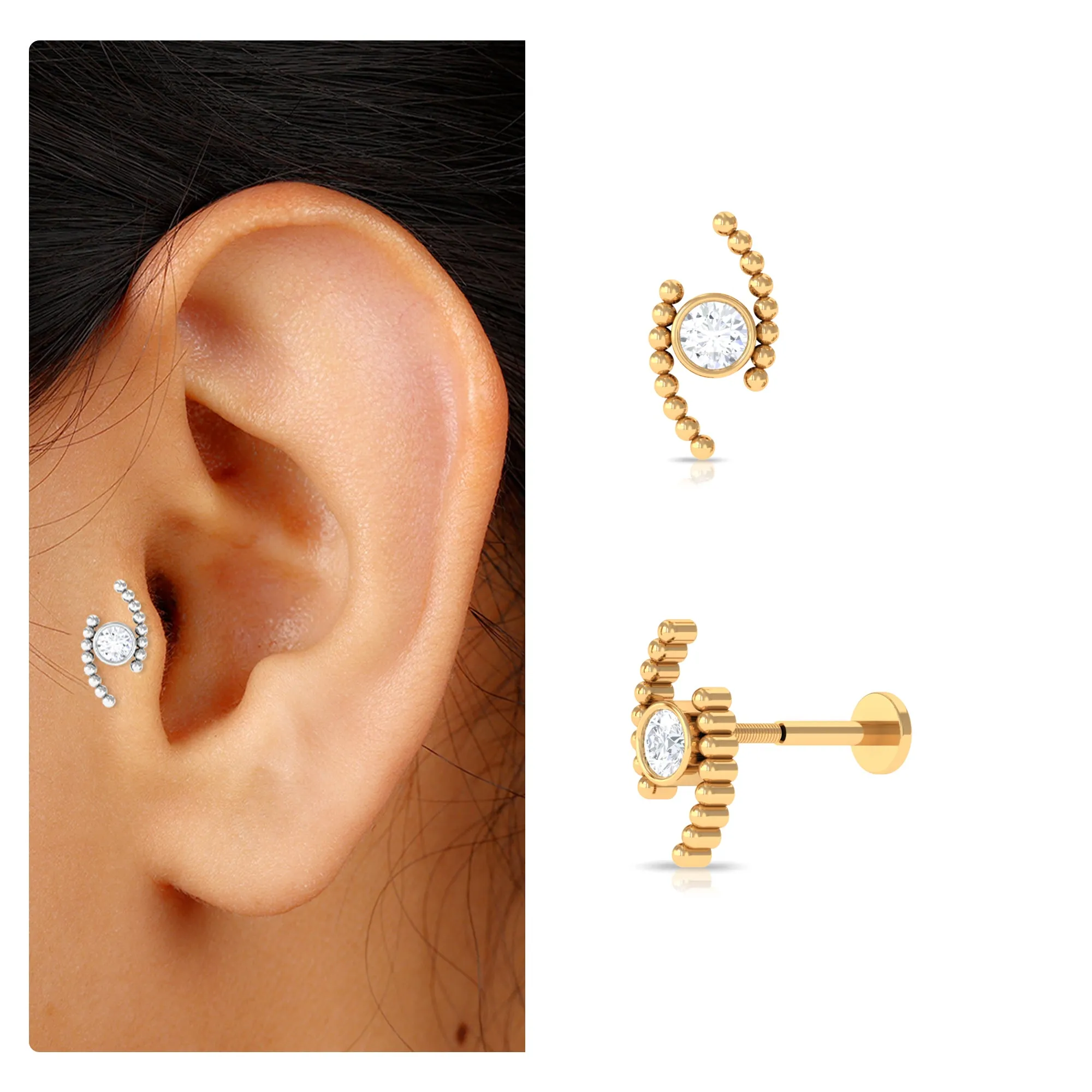 Round Moissanite Cartilage Earring with Gold Beads