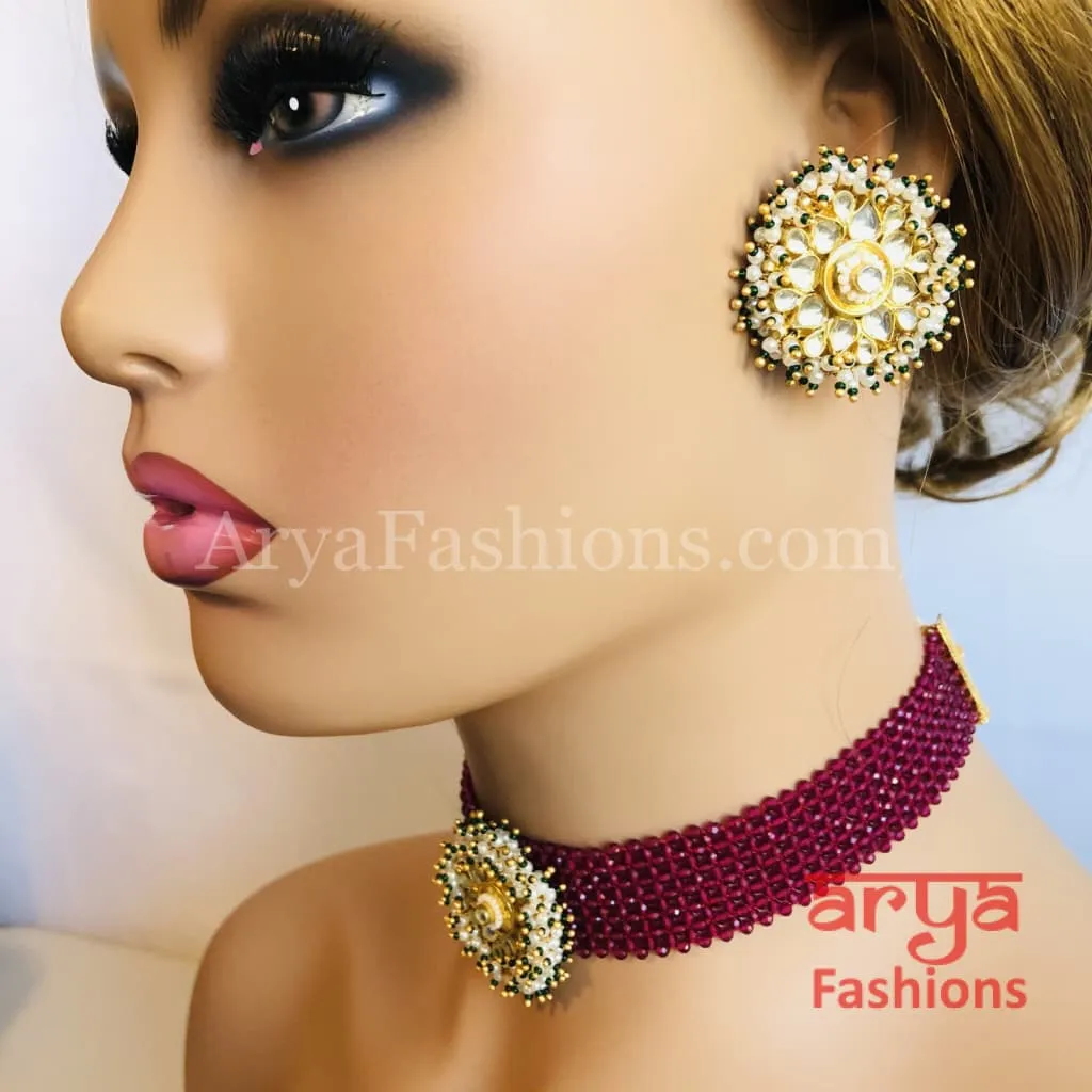 Ruby Kundan Pearl Choker with Stud Earrings