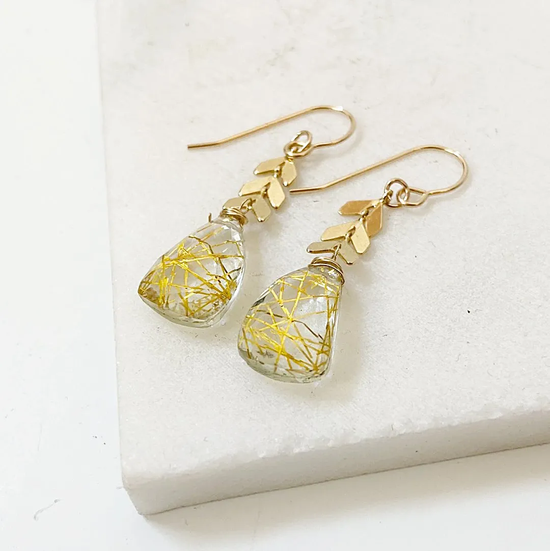 Rutilated Quartz Chevron Earrings, chevron Earrings, Gemstone Earrings-UNI-T-one pair