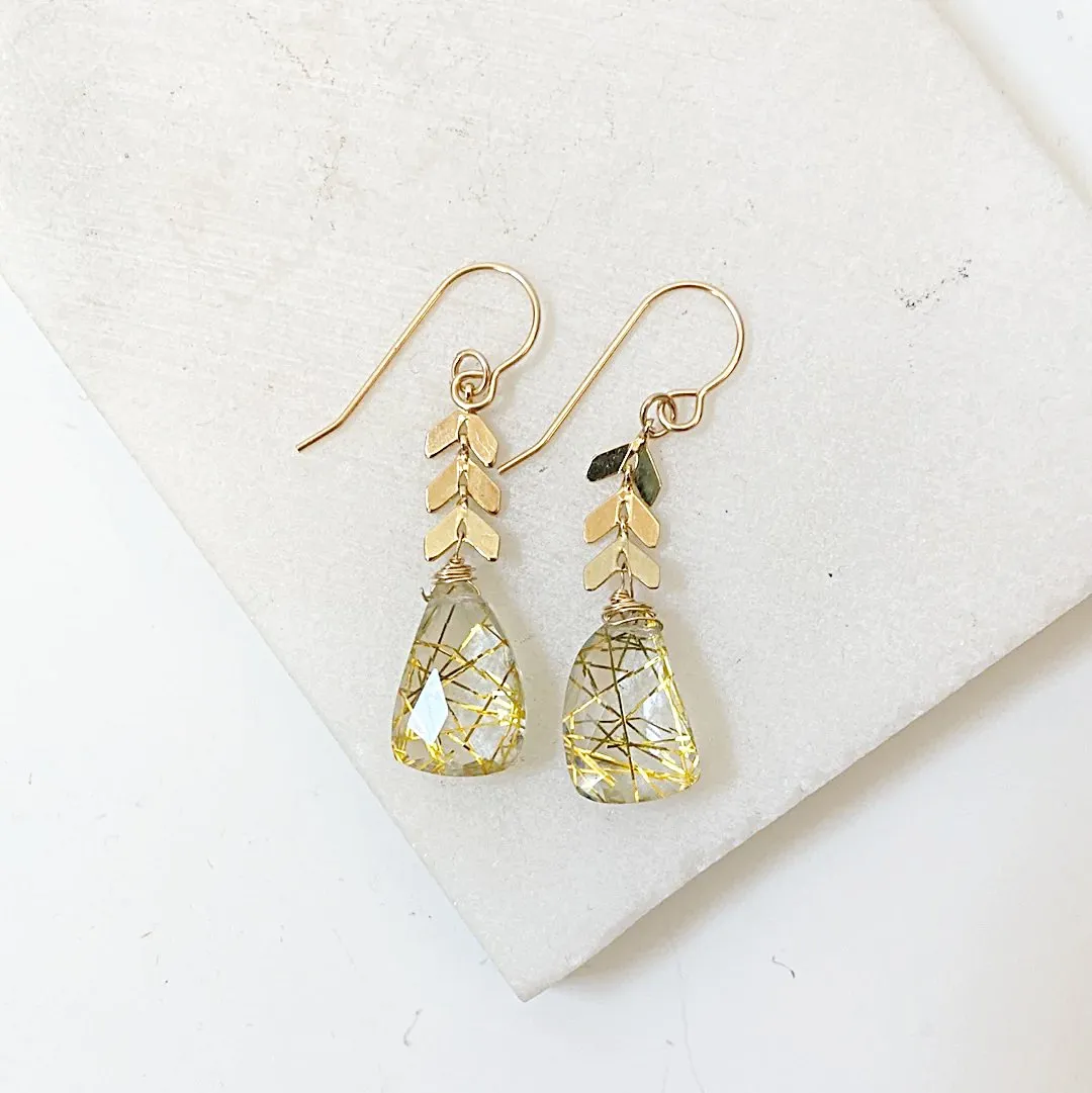 Rutilated Quartz Chevron Earrings, chevron Earrings, Gemstone Earrings-UNI-T-one pair