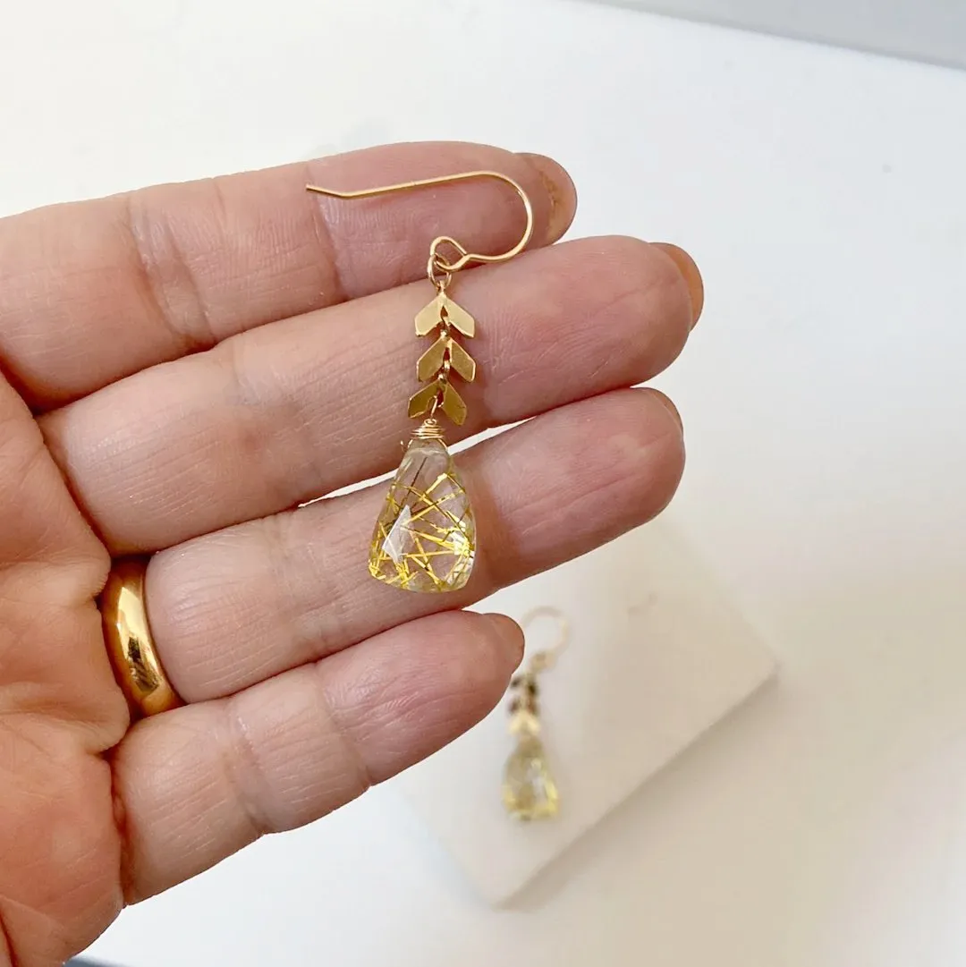 Rutilated Quartz Chevron Earrings, chevron Earrings, Gemstone Earrings-UNI-T-one pair