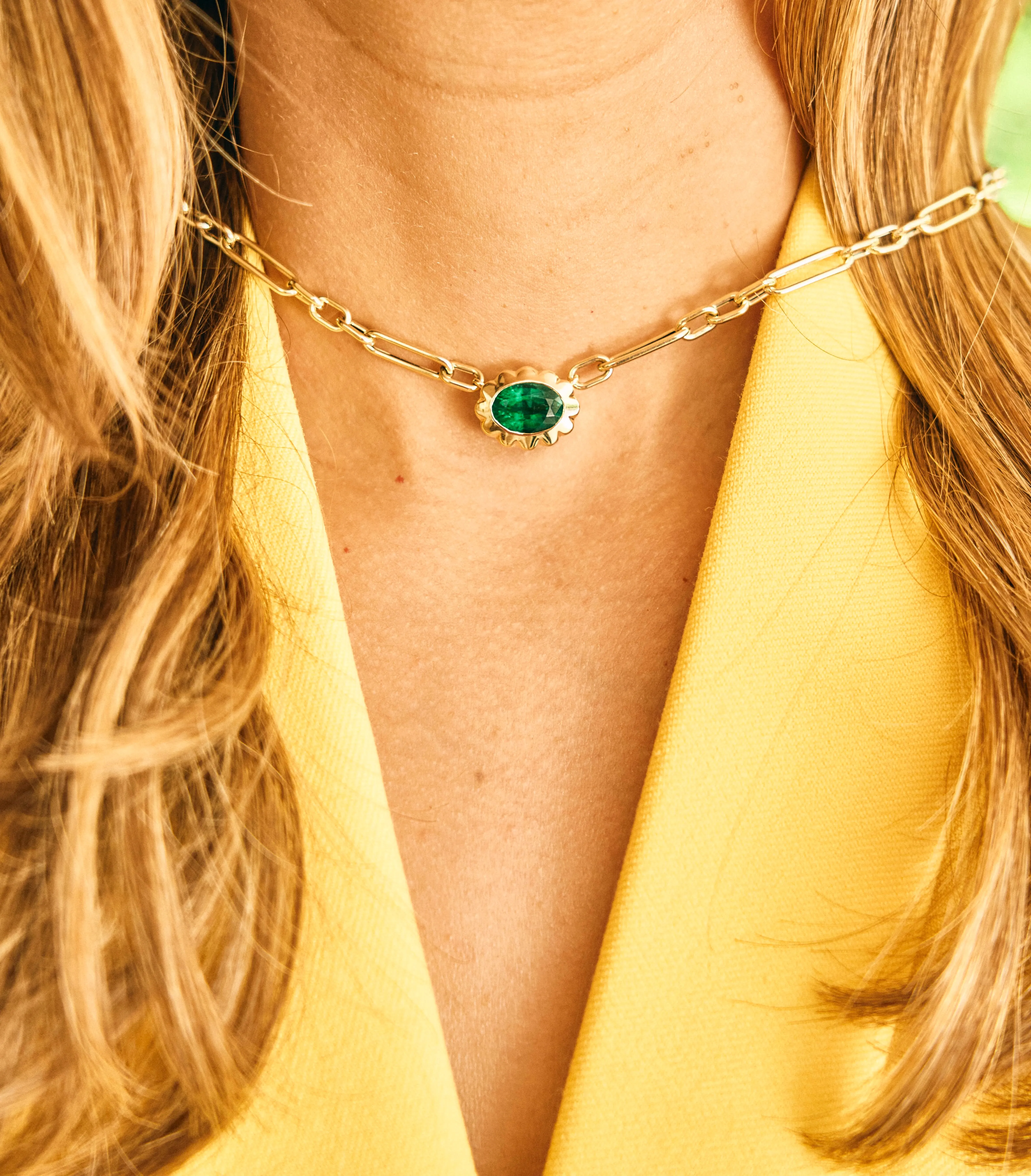 Scalloped Bezel Oval Emerald Pendant Necklace