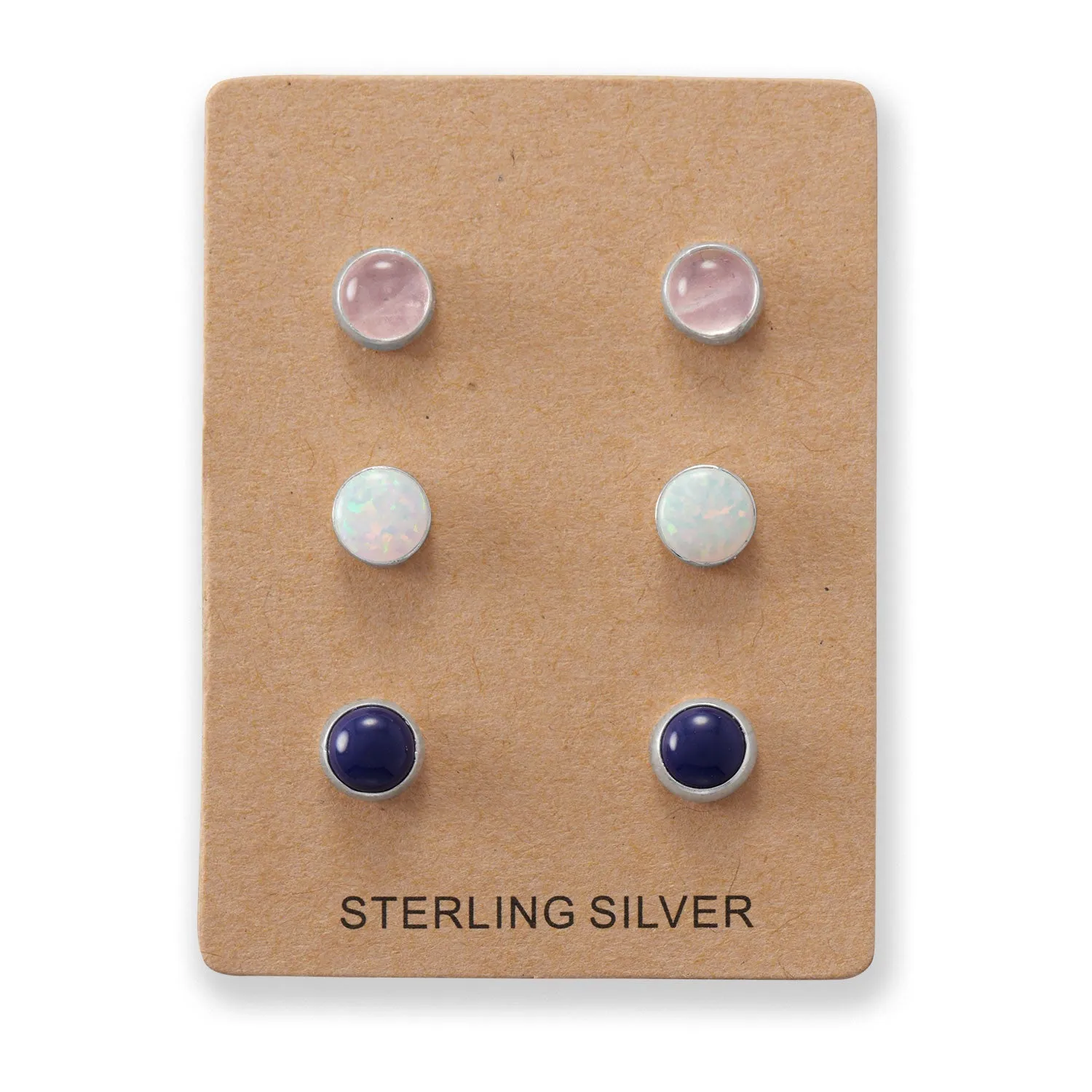 Set of 3 Synthetic White Opal, Lapis, and Rose Quartz Button Studs