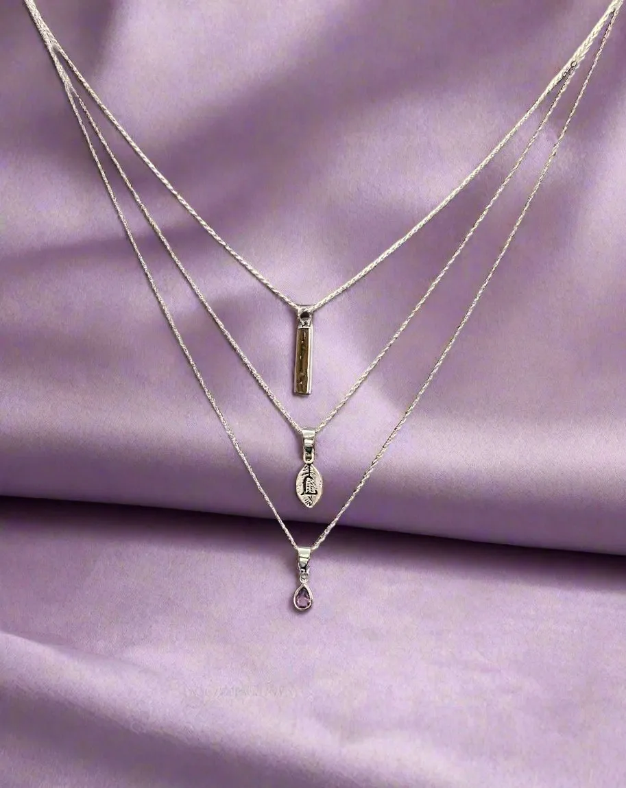 Silver Bar Amethyst Initial Leaf Layered Necklace Set