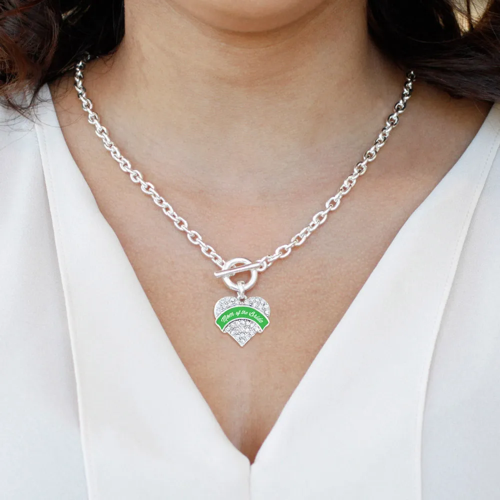 Silver Emerald Green Mom of the Bride Pave Heart Charm Toggle Necklace