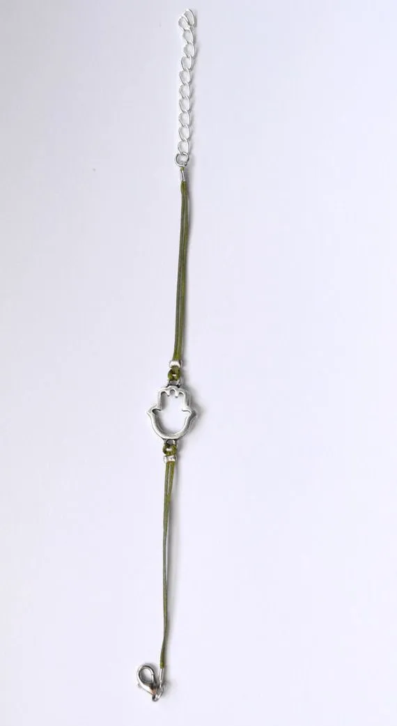 Silver Hamsa Bracelet for women, green cord, Kabbalah jewelry