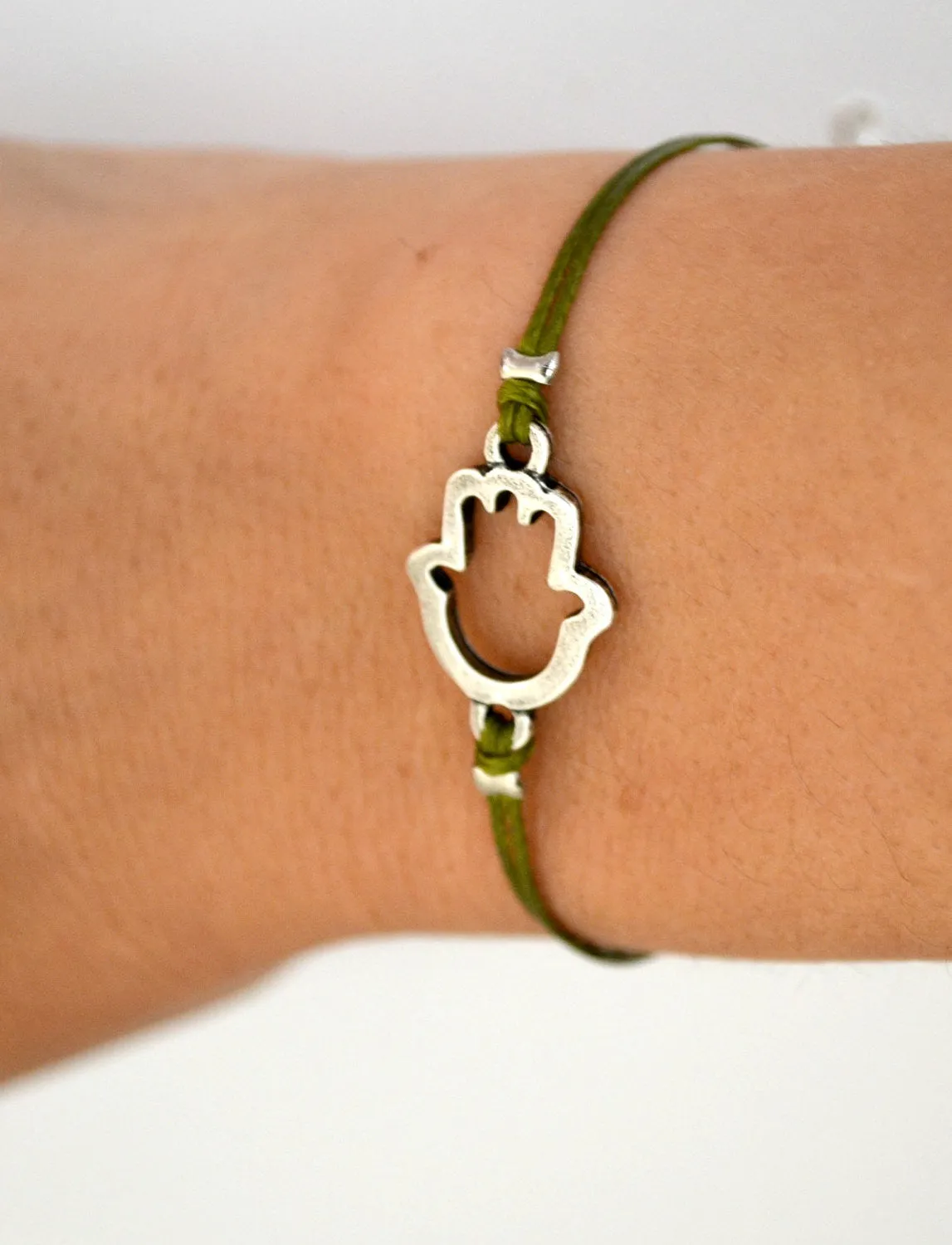 Silver Hamsa Bracelet for women, green cord, Kabbalah jewelry