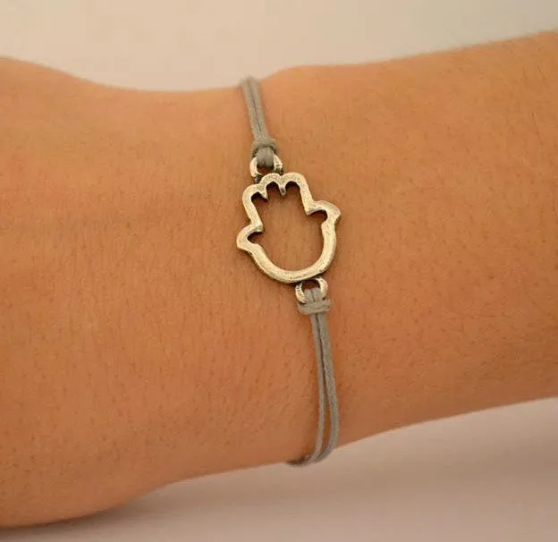 Silver Hamsa bracelet, gray cord, gift for her, evil eye protection