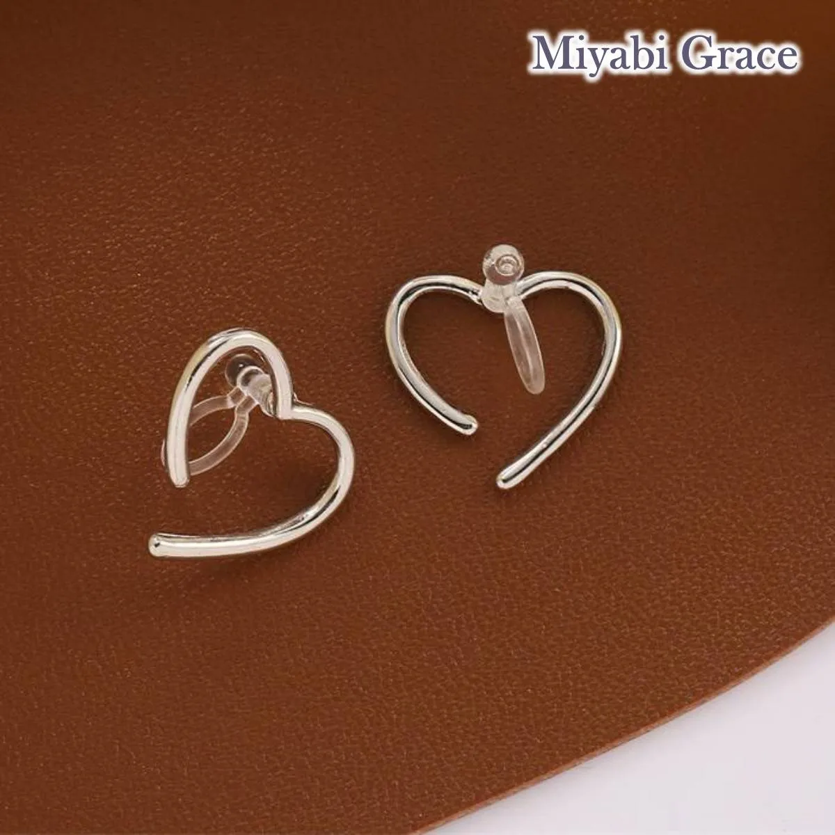 Silver Large Open Heart Invisible Clip On Stud Earrings