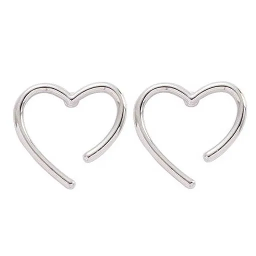 Silver Large Open Heart Invisible Clip On Stud Earrings