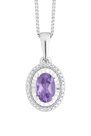 Sterling Silver Amethyst and Diamond Oval Pendant