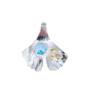 Sterling Silver Ginkgo Pendant | Larimar Leaf Pendant with 14K Gold