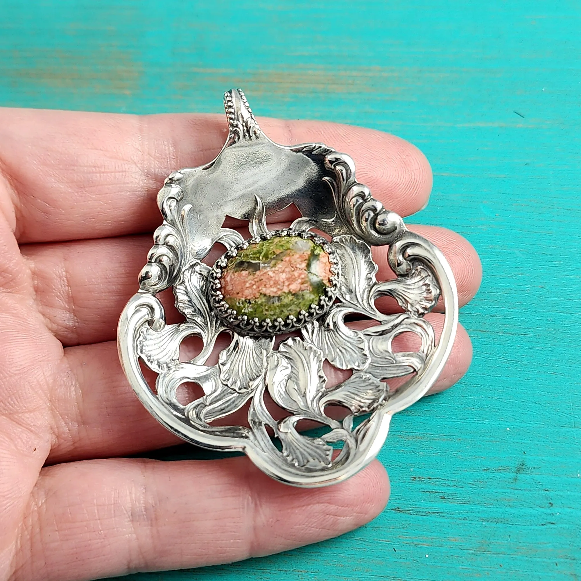 Sterling Silver Unakite & Iris Bon Bon Spoon Pendant