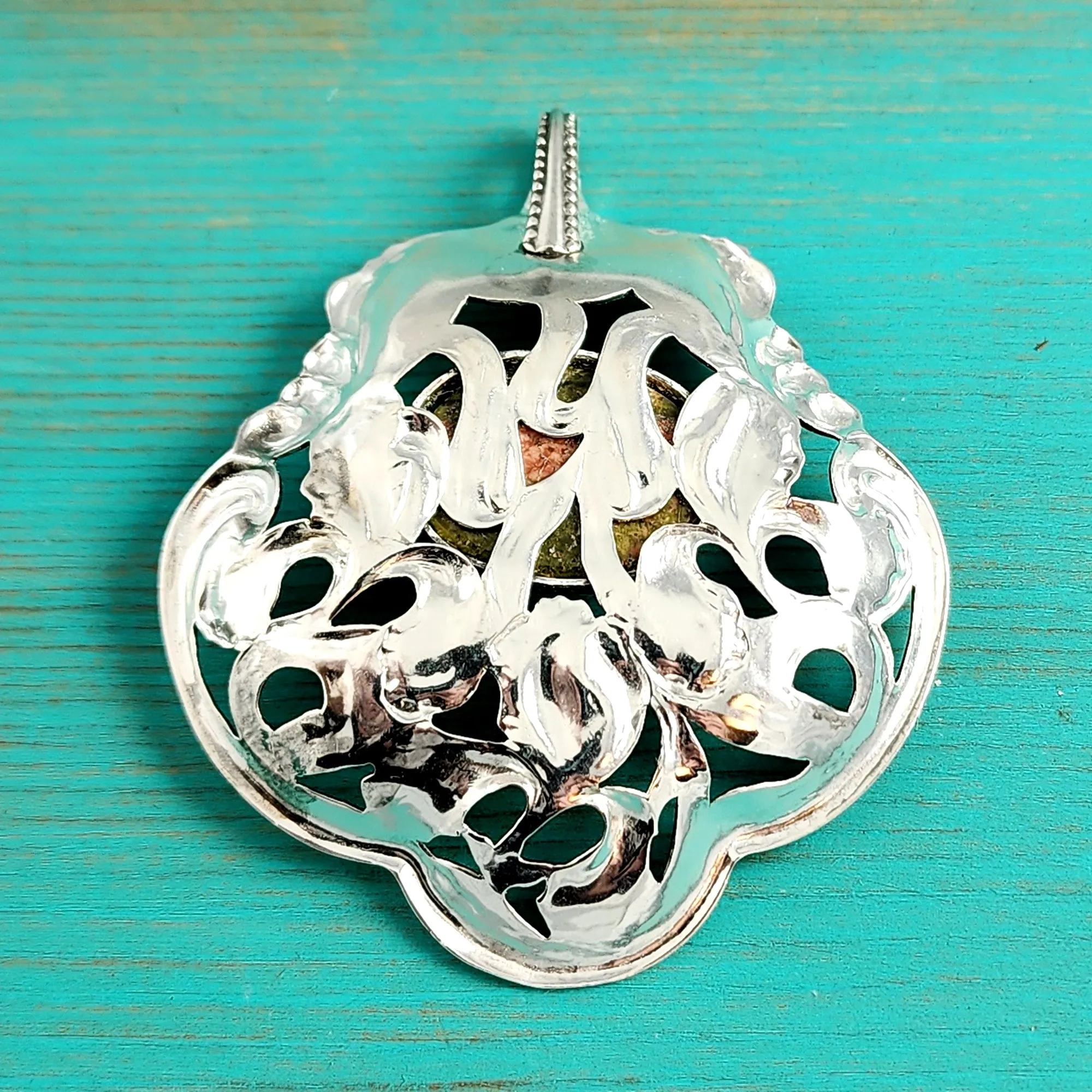 Sterling Silver Unakite & Iris Bon Bon Spoon Pendant