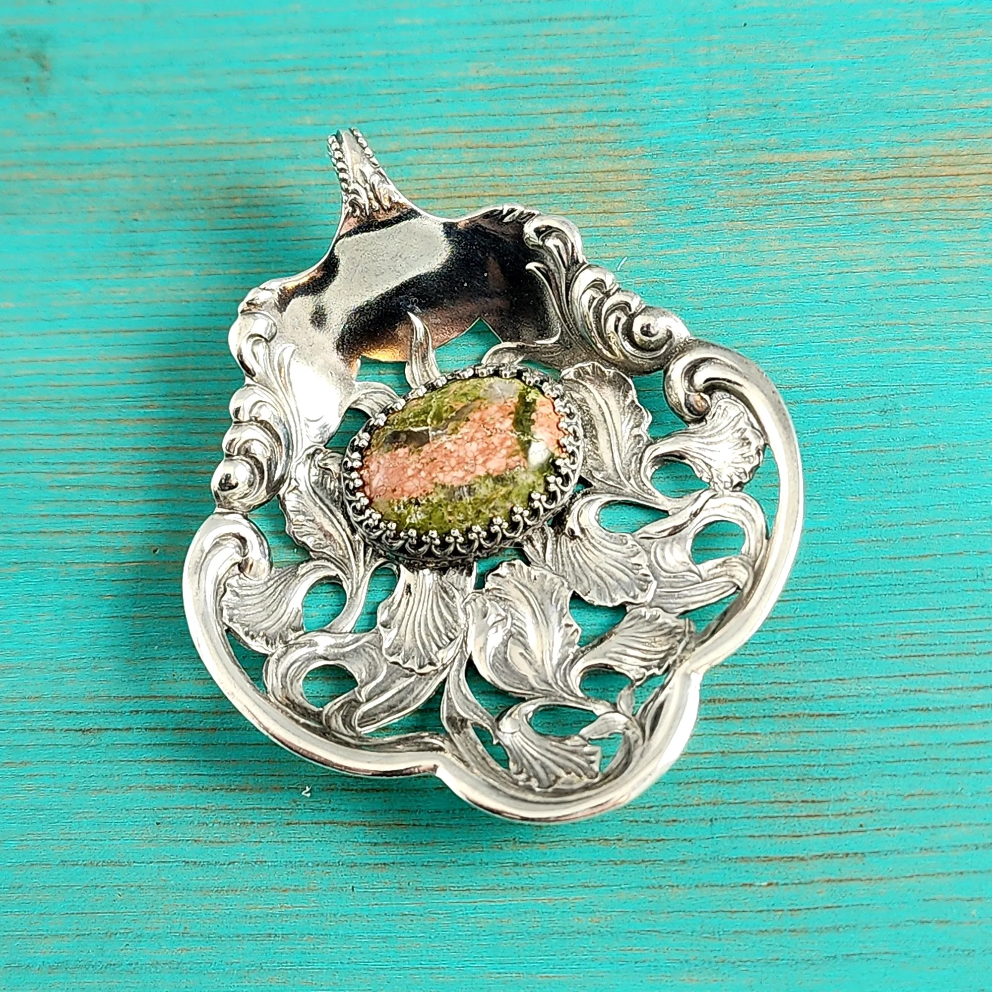 Sterling Silver Unakite & Iris Bon Bon Spoon Pendant